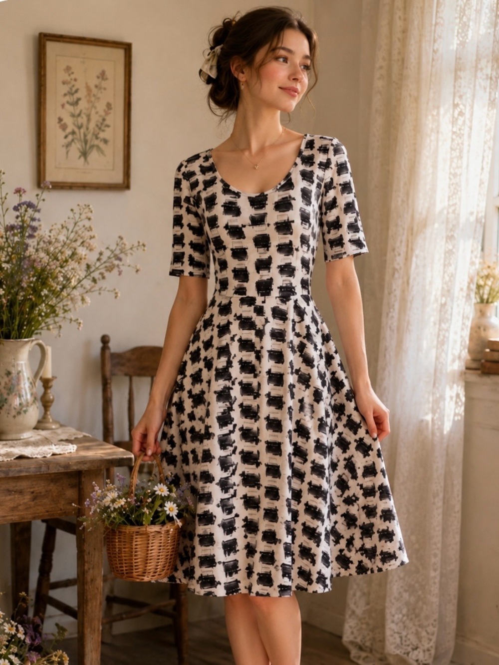 VINTAGE 60's Typewriter Printed Effie's Heart Cottagecore Cotton Midi Dress